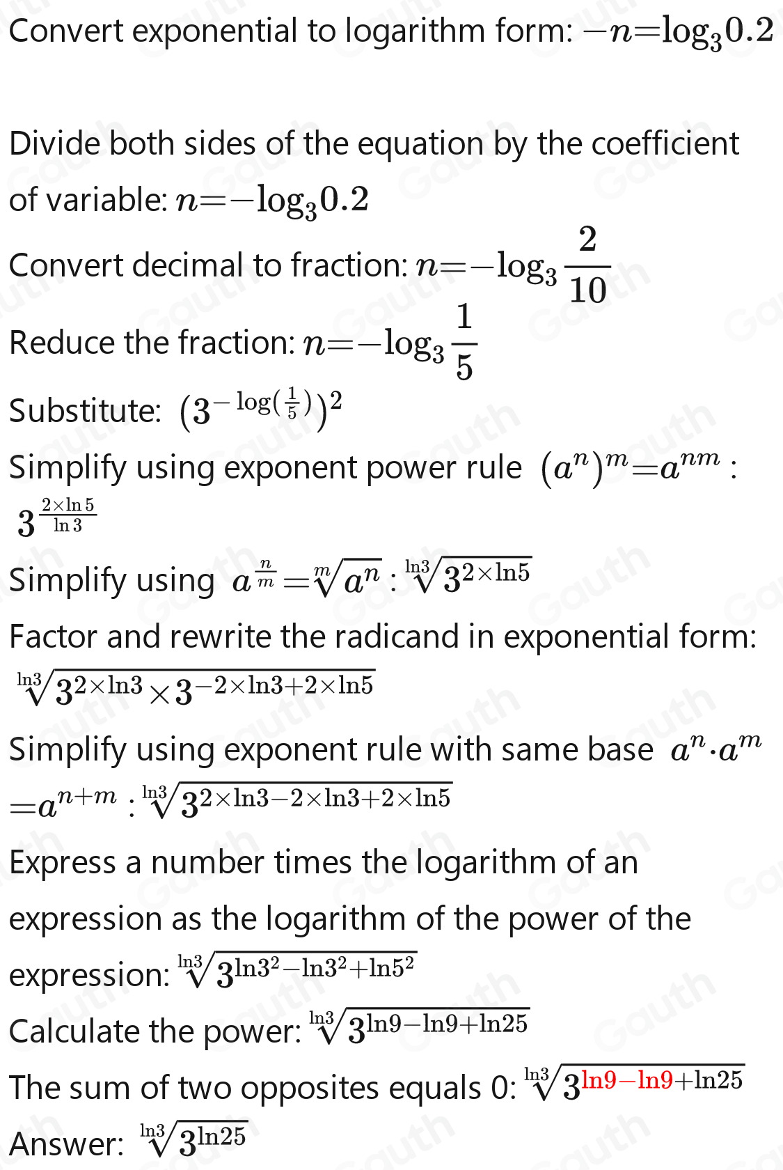 Solved: Given that 3^(-n)=0.2 Find the value of (3^n)^2 [Math]