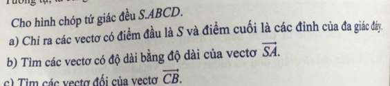 Cho hình chóp tứ giác đều S. ABCD. 
a) Chi ra các vectơ có điểm đầu là S và điểm cuối là các đỉnh của đa giác đáy. 
b) Tìm các vectơ có độ dài bằng độ dài của vectơ vector SA. 
c) Tim các vectơ đổi của vecto vector CB.