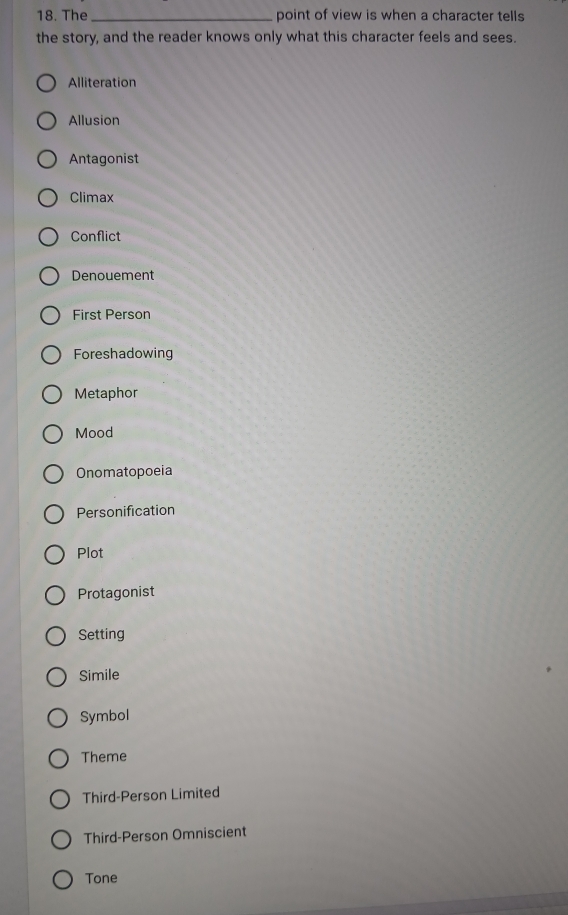 The _point of view is when a character tells 
the story, and the reader knows only what this character feels and sees.
Alliteration
Allusion
Antagonist
Climax
Conflict
Denouement
First Person
Foreshadowing
Metaphor
Mood
Onomatopoeia
Personification
Plot
Protagonist
Setting
Simile
Symbol
Theme
Third-Person Limited
Third-Person Omniscient
Tone