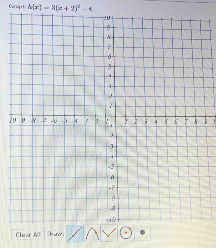 Graph h(x)=3(x+2)^2-4. 
19 1 
Clear All Draw: