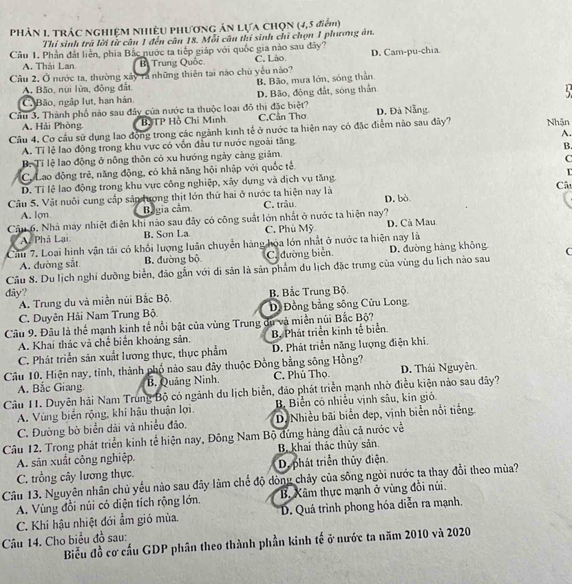 PHẢN I. TRÁC NGHIỆM NHIÊU PHưƠNG ÁN LựA CHọN (4,5 điểm)
Thí sinh trã lời từ câu 1 đến câu 18. Mỗi câu thí sinh chī chọn 1 phương án.
Cầu 1. Phần đất liền, phía Bắc nước ta tiếp giáp với quốc gia nào sau đây?
A. Thái Lan B Trung Quốc C. Lào. D. Cam-pu-chia
Câu 2. Ở nước ta, thường xảy ra những thiên tai nào chủ yểu nào?
A. Bão, núi lừa, động đất. B. Bão, mưa lớn, sóng thần.
C. Bão, ngập lụt, hạn hán. D. Bão, động đất, sóng thần
Cầu 3. Thành phố nào sau đây của nước ta thuộc loại đô thị đặc biệt? D. Đà Nẵng.
A. Hải Phòng. B. TP Hồ Chỉ Minh C.Cần Thơ
Câu 4. Cơ cầu sử dụng lao động trong các ngành kinh tế ở nước ta hiện nay có đặc điểm nào sau đây? Nhận
A.
A. Tỉ lệ lao động trong khu vực có vốn đầu tư nước ngoài tăng
B.
B. Tỉ lệ lao động ở nông thôn có xu hướng ngày cảng giảm,
C
C. Lao động trẻ, năng động, có khả năng hội nhập với quốc tế.
T
D. Tỉ lệ lao động trong khu vực công nghiệp, xây dựng và dịch vụ tăng. Cât
Câu 5. Vật nuôi cung cấp sảp lượng thịt lớn thứ hai ở nước ta hiện nay là D. bò
A. lợn Bagia cầm C. trâu.
Câu 6. Nhà máy nhiệt điện khí nào sau dây có công suất lớn nhất ở nước ta hiện nay?
A Phả Lại B. Sơn La C. Phú Mỹ D. Cà Mau
Câu 7. Loại hình vận tải có khối lượng luân chuyền hàng hóa lớn nhất ở nước ta hiện nay là
A. đường sắt B. đường bộ C. đường biển. D. đường hàng không.
C
Câu 8. Du lịch nghỉ dưỡng biển, đảo gắn với di sản là sản phẩm du lịch đặc trung của vùng du lịch nảo sau
đây?  B. Bắc Trung Bộ.
A. Trung du và miền núi Bắc Bộ.
C. Duyên Hải Nam Trung Bộ. D. Đồng bằng sông Cửu Long.
Câu 9. Đâu là thể mạnh kinh tế nổi bật của vùng Trung du và miền núi Bắc Bộ?
A. Khai thác và chế biển khoáng sản. B. Phát triển kinh tế biển.
C. Phát triển sản xuất lương thực, thực phẩm D. Phát triển năng lượng điện khí.
Câu 10. Hiện nay, tỉnh, thành phố nào sau đây thuộc Đồng bằng sông Hồng?
A. Bắc Giang. B. Quảng Ninh. C. Phú Thọ. D. Thái Nguyên.
Câu 11. Duyên hải Nam Trung Bộ có ngành du lịch biển, đảo phát triển mạnh nhờ điều kiện nào sau dây?
A. Vùng biển rộng, khí hậu thuận lợi. B Biển có nhiều vịnh sâu, kín gió.
C. Đường bờ biển dải và nhiều đảo. D. Nhiều bãi biển dẹp, vịnh biển nổi tiếng.
Câu 12. Trong phát triển kinh tế hiện nay, Đông Nam Bộ đứng hàng đầu cả nước về
A. sân xuất công nghiệp. B. khai thác thủy sản.
C. trồng cây lương thực. D. phát triển thủy điện.
Câu 13. Nguyên nhân chủ yếu nào sau đây làm chế độ dòng chảy của sông ngòi nước ta thay đồi theo mùa?
A. Vùng đồi núi có diện tích rộng lớn. B. Xâm thực mạnh ở vùng đồi núi.
C. Khi hậu nhiệt đới ẩm gió mùa. D. Quá trình phong hóa diễn ra mạnh.
Câu 14. Cho biểu đồ sau:
Biểu đồ cơ cấu GDP phân theo thành phần kinh tế ở nước ta năm 2010 và 2020