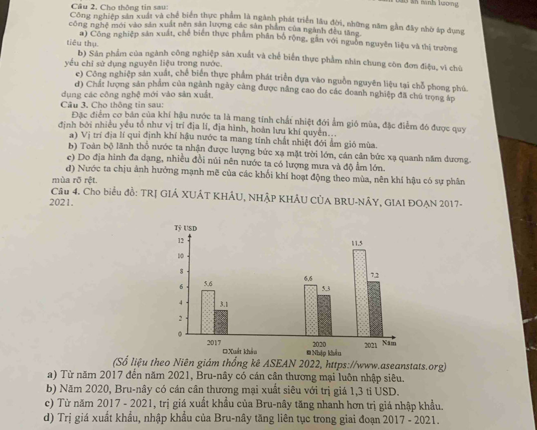 a n nình lương
Câu 2. Cho thông tin sau:
Công nghiệp sản xuất và chế biển thực phẩm là ngành phát triển lâu đời, những năm gần đây nhờ áp dụng
công nghệ mới vào sản xuất nên sản lượng các sản phẩm của ngành đều tăng.
a) Công nghiệp sản xuất, chế biến thực phẩm phân bố rộng, gắn với nguồn nguyên liệu và thị trường
tiêu thụ.
b) Sản phẩm của ngành công nghiệp sản xuất và chế biến thực phẩm nhin chung còn đơn điệu, vì chù
yếu chỉ sử dụng nguyên liệu trong nước.
c) Công nghiệp sản xuất, chế biến thực phẩm phát triển dựa vào nguồn nguyên liệu tại chỗ phong phú.
d) Chất lượng sản phâm của ngành ngày càng được nâng cao do các doanh nghiệp đã chú trọng áp
dụng các công nghệ mới vào sản xuất.
Câu 3. Cho thông tin sau:
Đặc điểm cơ bản của khí hậu nước ta là mang tính chất nhiệt đới ẩm gió mùa, đặc điểm đó được quy
định bởi nhiều yếu tổ như vị trí địa lí, địa hình, hoàn lưu khí quyền...
a) Vị trí địa lí qui định khí hậu nước ta mang tính chất nhiệt đới ẩm gió mùa.
b) Toàn bộ lãnh thổ nước ta nhận được lượng bức xạ mặt trời lớn, cán cân bức xạ quanh năm dương.
c) Do địa hình đa dạng, nhiều đồi núi nên nước ta có lượng mưa và độ ẩm lớn.
d) Nước ta chịu ảnh hưởng mạnh mẽ của các khối khí hoạt động theo mùa, nên khí hậu có sự phân
mùa rõ rệt.
Câu 4. Cho biểu đồ: TRỊ GIÁ XUÁT KHÁU, NHÂP KHÂU CỦA BRU-NÂY, GIAI ĐOẠN 2017-
2021.
(Số liệu theo Niên giám thống kê ASEAN 2022, https://www.aseanstats.org)
a) Từ năm 2017 đến năm 2021, Bru-nây có cán cân thương mại luôn nhập siêu.
b) Năm 2020, Bru-nây có cán cân thương mại xuất siêu với trị giá 1,3 tỉ USD.
c) Từ năm 2017 - 2021, trị giá xuất khẩu của Bru-nây tăng nhanh hơn trị giá nhập khẩu.
d) Trị giá xuất khẩu, nhập khẩu của Bru-nây tăng liên tục trong giai đoạn 2017 - 2021.