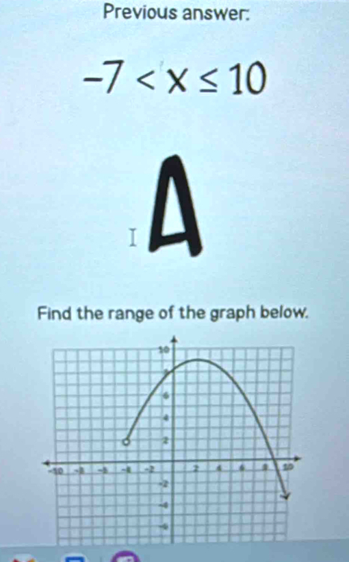 Previous answer:
-7
Find the range of the graph below.