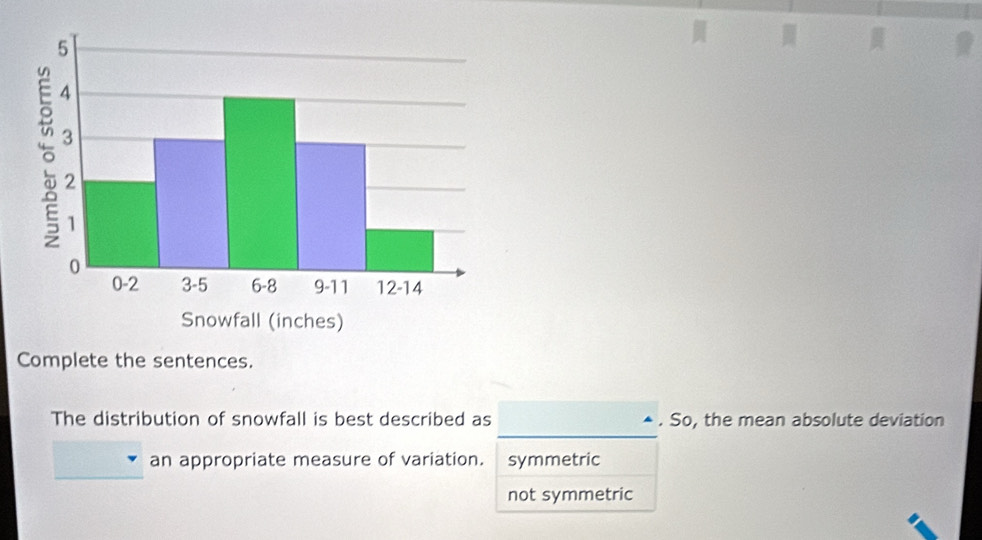 Complete the sentences.
The distribution of snowfall is best described as . So, the mean absolute deviation
an appropriate measure of variation. symmetric
not symmetric