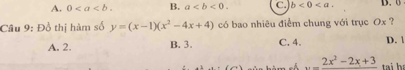 A. 0. B. a. C. b<0<a. D. 0
Câu 9: Đồ thị hàm số y=(x-1)(x^2-4x+4) có bao nhiêu điểm chung với trục Ox ?
A. 2. B. 3. C. 4.
D. 1
ủa hèm số y=frac 2x^2-2x+3 tai h