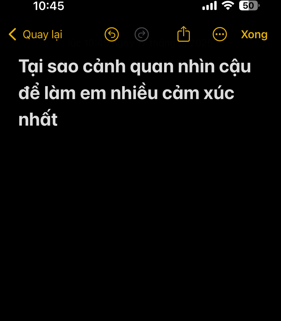 10:45
50
Quay lại Xong 
Tại sao cảnh quan nhìn cậu 
để làm em nhiều cảm xúc 
nhất