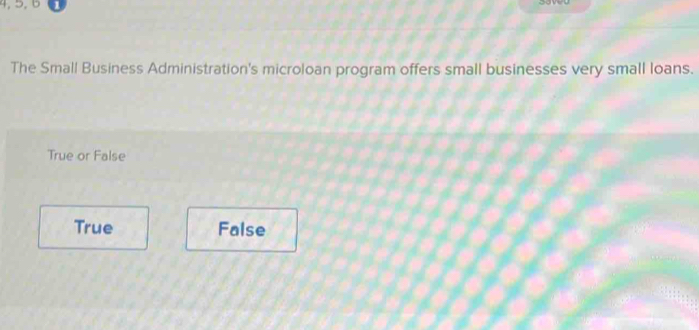 4, 5, 6
The Small Business Administration's microloan program offers small businesses very small loans.
True or False
True False