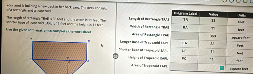 Your aunt is building a new deck in her back yard. The deck consists 
of a rectangle and a trapezoid. 
The length of rectangle TRAE is 33 feet and the width is 11 feet. The Length of Rectangle TR 
shorter base of trapezoid EAPL is 11 feet and the height is 11 feet. Width of Rectangle TRA
Use the given information to complete the worksheet. Area of Rectangle TRAt 
Longer Base of Trapezoid EAP
Shorter Base of Trapezoid EAP
Height of Trapezoid EAP
Area of Trapezoid EAP