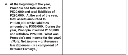 At the beginning of the year, 
Procopio had total assets of
P520,000 and total liabilities of
P290,000. At the end of the year, 
total assets amounted to
P1,030,000 while liabilities 
amounted to P350,000. During the
year, Procopio invested P150,000
and withdrew P25,000. What was 
Procopio's net income for the year? 
(Note: Net income - or Revenues 
less Expenses - is a component of 
Retained Earnings.)