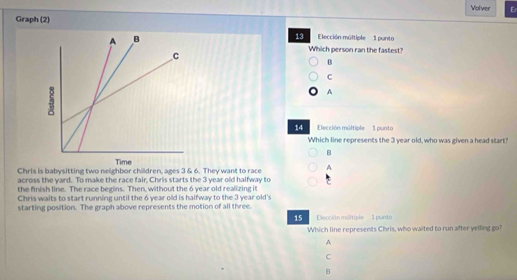 Volver Er
Graph (2)
13 Elección múltiple 1 punto
Which person ran the fastest?
B
C
A
14 Elección múltiple 1 punto
Which line represents the 3 year old, who was given a head start?
B
Chris is babysitting two neighbor children, ages 3 & 6. They want to race A
across the yard. To make the race fair, Chris starts the 3 year old halfway to
the finish line. The race begins. Then, without the 6 year old realizing it
Chris waits to start running until the 6 year old is halfway to the 3 year old's
starting position. The graph above represents the motion of all three.
15 Elección múltiple 1 punto
Which line represents Chris, who waited to run after yelling go?
A
C
B