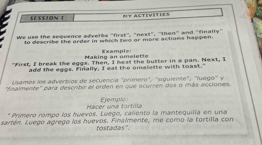 SESSION 1 MY ACTIVITIES 
We use the sequence adverbs "first", "next", "then" and "finally" 
to describe the order in which two or more actions happen. 
Example: 
Making an omelette 
"First, I break the eggs. Then, I heat the butter in a pan. Next, I 
add the eggs. Finally, I eat the omelette with toast." 
Usamos los adverbios de secuencia "primero", "siguiente", "luego" y 
"finalmente" para describir el orden en que ocurren dos o más acciones. 
Ejemplo: 
Hacer una tortilla 
" Primero rompo los huevos. Luego, caliento la mantequilla en una 
sartén. Luego agrego los huevos. Finalmente, me como la tortilla con 
tostadas".