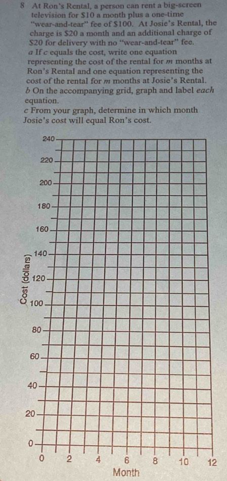 At Ron’s Rental, a person can rent a big-screen 
television for $10 a month plus a one-time 
“wear-and-tear” fee of $100. At Josie’s Rental, the 
charge is $20 a month and an additional charge of
$20 for delivery with no “wear-and-tear” fee. 
a If c equals the cost, write one equation 
representing the cost of the rental for m months at 
Ron’s Rental and one equation representing the 
cost of the rental for m months at Josie’s Rental. 
b On the accompanying grid, graph and label each 
equation. 
c From your graph, determine in which month
Josie’s cost will equal Ron’s cost. 
12
Month