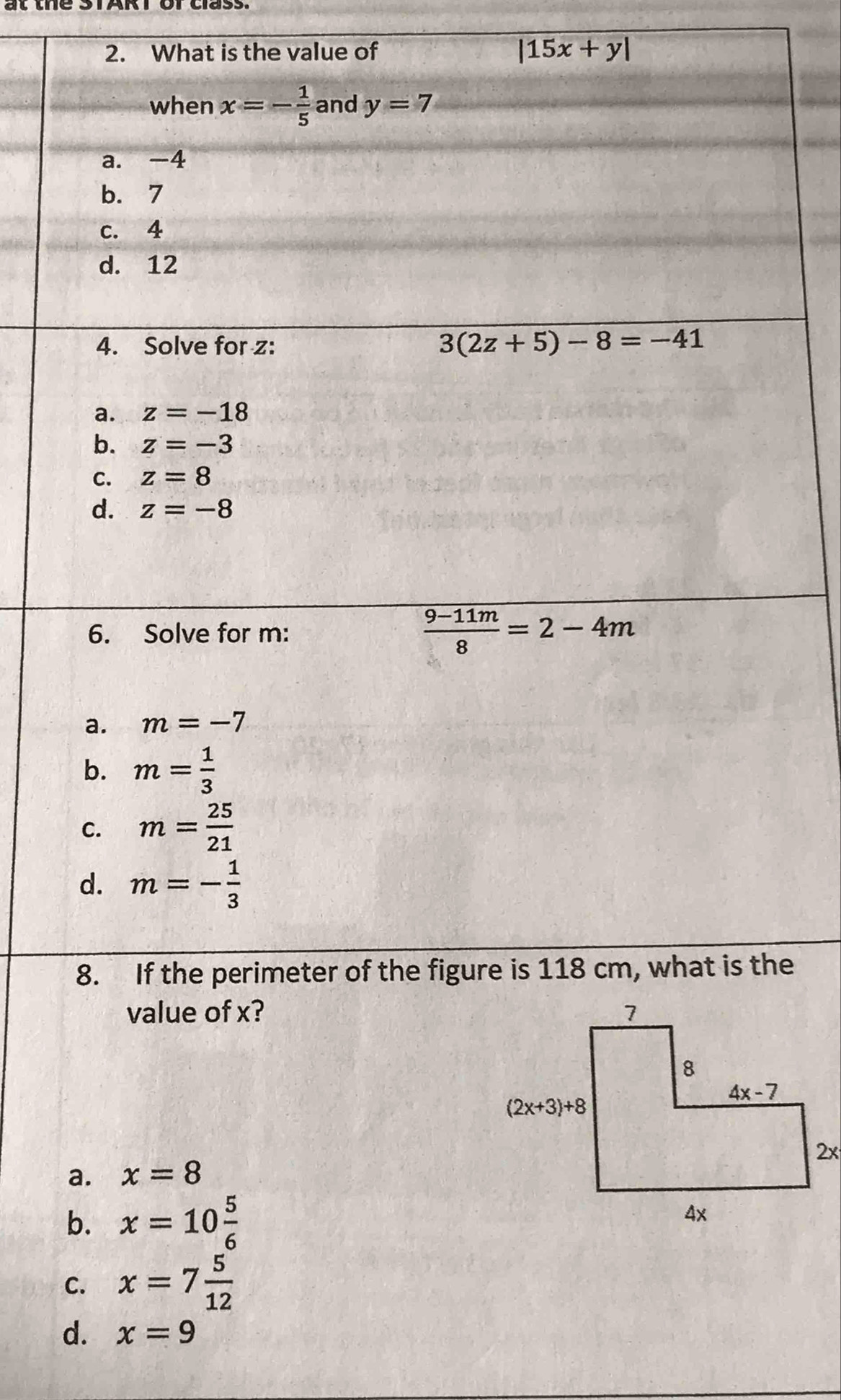 What is the value of |15x+y|
e
b
C
d. x=9