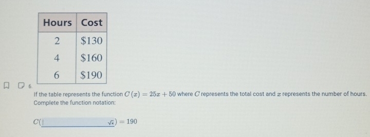 If the table represents the function C(x)=25x+50 where C represents the total cost and x represents the number of hours. 
Complete the function notation:
C(
sqrt(x))=190