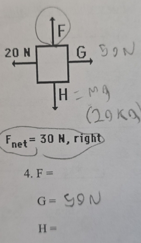 F
20 N G
H
F_net=30H ,right
4. F=
G=
H=