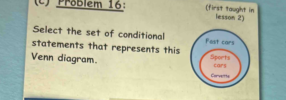 Problém 16: 
(first taught in 
lesson 2) 
Select the set of conditional 
statements that represents this 
Venn diagram.