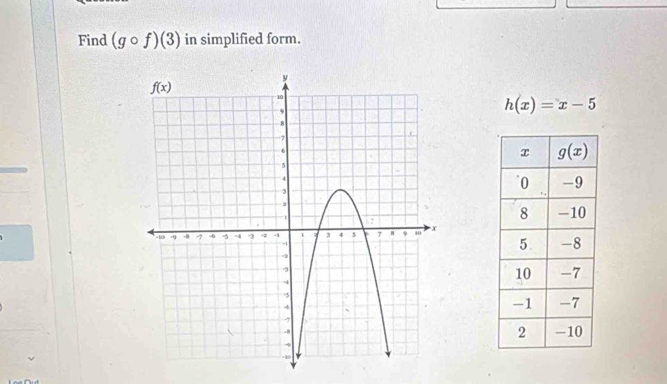 Find (gcirc f)(3) in simplified form.
h(x)=x-5