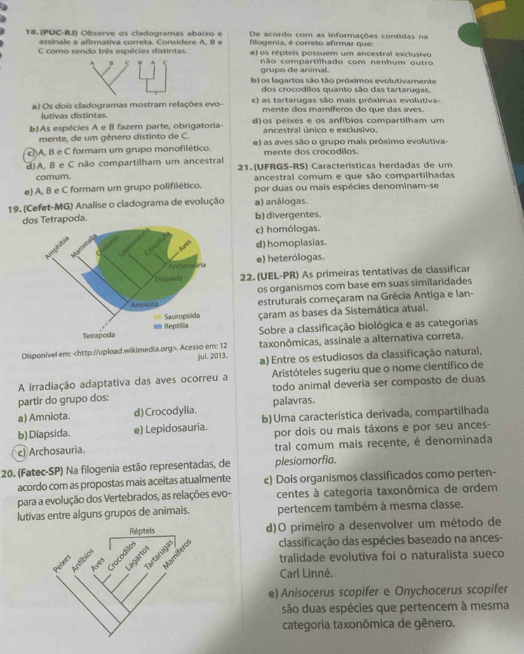 18-(PUC-RJ) Observe os cladogramas abaixo e De acordo com as informações contidas na
assinale a afirmativa correta. Considere A, B e filogenia, é correto afirmar que:
C como sendo très espécies distintas. a) os répteis possuem um ancestral exclusivo
A a c não compartilhado com nenhum outro
grupo de animal.
b) os lagartos são tão próximos evolutivamente
dos crocodilos quanto são das tartarugas.
a) Os dois cladogramas mostram relações evo- c) as tartarugas são mais próximas evolutiva-
lutivas distintas. mente dos mamíferos do que das aves.
b)As espécies A e B fazem parte, obrigatoria- d)os peixes e os anfíbios compartilham um
ancestral único e exclusivo.
mente, de um gênero distinto de C.
c))A, B e C formam um grupo monofilético. e) as aves são o grupo mais próximo evolutiva-
mente dos crocodilos.
d)A, B e C não compartilham um ancestral  21. (UFRGS-RS) Características herdadas de um
comum. ancestral comum e que são compartilhadas
e) A, B e C formam um grupo polifilético. por duas ou mais espécies denominam-se
19. (Cefet-MG) Analise o cladograma de evolução a) análogas.
dos Tetrapoda. b) divergentes.
c) homólogas.
d) homoplasias.
e) heterólogas.
22. (UEL-PR) As primeiras tentativas de classificar
os organismos com base em suas similaridades
estruturais começaram na Grécia Antiga e lan-
çaram as bases da Sistemática atual.
Sobre a classificação biológica e as categorias
Disponível em:. Acesso em: 12 taxonômicas, assinale a alternativa correta.
jul. 2013. a) Entre os estudiosos da classificação natural,
A irradiação adaptativa das aves ocorreu a Aristóteles sugeriu que o nome científico de
partir do grupo dos: todo animal deveria ser composto de duas
a) Amniota. d) Crocodylia. palavras.
b) Diapsida. e) Lepidosauria.  b) Uma característica derivada, compartilhada
por dois ou mais táxons e por seu ances-
c) Archosauria. tral comum mais recente, é denominada
20. (Fatec-SP) Na filogenia estão representadas, de plesiomorfia.
acordo com as propostas mais aceitas atualmente c) Dois organismos classificados como perten-
para a evolução dos Vertebrados, as relações evo- centes à categoria taxonômica de ordem
lutivas entre alguns grupos de animais. pertencem também à mesma classe.
d)O primeiro a desenvolver um método de
classificação das espécies baseado na ances-
tralidade evolutiva foi o naturalista sueco
Carl Linné.
e) Anisocerus scopifer e Onychocerus scopifer
são duas espécies que pertencem à mesma
categoria taxonômica de gênero.