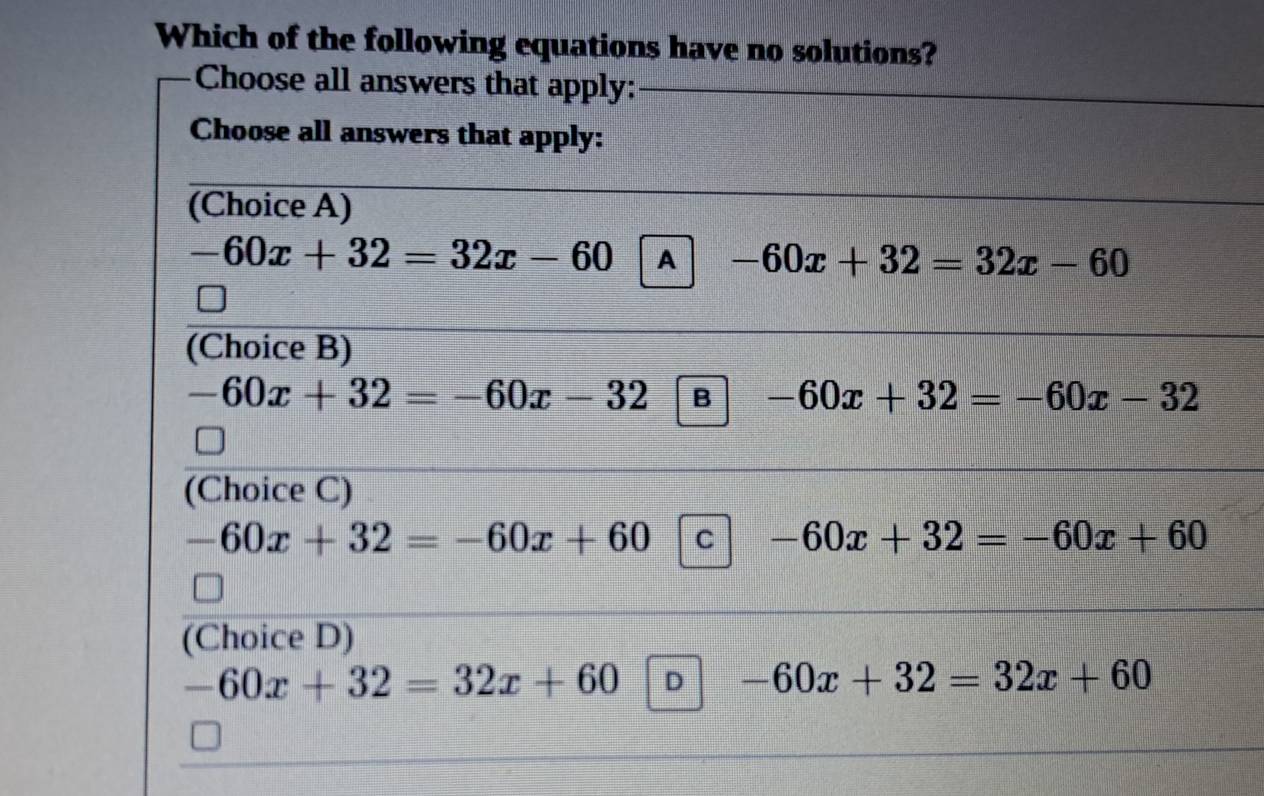 Which of the following equations have no solutio