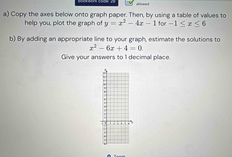 Bookwork code: 2B allowed
a) Copy the axes below onto graph paper. Then, by using a table of values to
help you, plot the graph of y=x^2-4x-1 for -1≤ x≤ 6
b) By adding an appropriate line to your graph, estimate the solutions to
x^2-6x+4=0. 
Give your answers to 1 decimal place.
Zoom