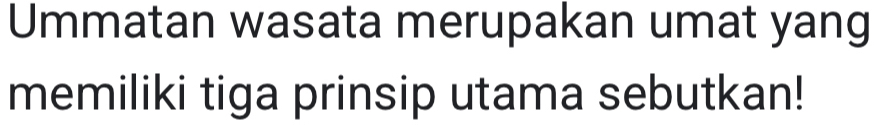 Ummatan wasata merupakan umat yang 
memiliki tiga prinsip utama sebutkan!