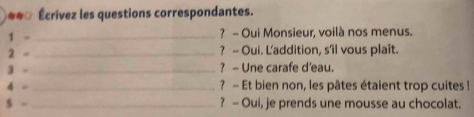 () Écrivez les questions correspondantes. 
1 - _? - Oui Monsieur, voilà nos menus. 
2 ~ _? - Oui. L'addition, s'il vous plaît. 
3 - _? - Une carafe d’eau. 
4 - _? - Et bien non, les pâtes étaient trop cuites ! 
5 ~_ ? - Oui, je prends une mousse au chocolat.