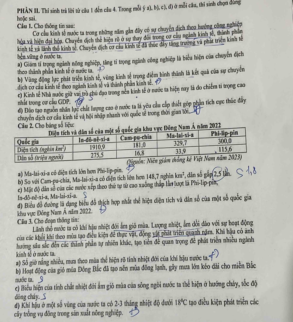 PHÀN II. Thí sinh trả lời từ câu 1 đến câu 4. Trong mỗi ý a), b), c), d) ở mỗi câu, thí sinh chọn đủng
hoặc sai.
Câu 1. Cho thông tin sau:
Cơ cầu kinh tế nước ta trong những năm gần đây có sự chuyển dịch theo hướng công nghiệp
hóa và hiện đại hóa. Chuyển dịch thê hiện rõ ở sự thay đôi trong cơ cầu ngành kinh tế, thành phân
kinh tế và lãnh thổ kinh tế. Chuyên dịch cơ câu kinh tế đã thúc đầy tăng trường và phát triển kinh tế
bền vững ở nước ta.
a) Giám tỉ trọng ngành nông nghiệp, tăng tỉ trọng ngành công nghiệp là biểu hiện của chuyến dịch
theo thành phần kinh tế ở nước ta. P
b) Vùng động lực phát triển kinh tế, vùng kinh tế trọng điểm hình thành là kết quả của sự chuyến
dịch cơ cầu kinh tế theo ngành kinh tế và thành phần kinh tế. 17
c) Kinh tế Nhà nước giữ vai trò chủ đạo trong nền kinh tế ở nước ta hiện nay là do chiếm tỉ trọng cao
nhất trong cơ cấu GDP.
d) Đào tạo nguồn nhân lực chất lượng cao ở nước ta là yêu cầu cấp thiết góp phần tích cực thúc đẩy
chuyển dịch cơ cầu kính tễ và hội nhập nhanh với quốc tế trong thời gian tới
Câu 2. Cho bảng số liệu:
vực Đông Nam Á năm 2022
a) Ma-lai-xi-a có diện tích lớn hơn Phi-lip-pin.
b) So với Cam-pu-chia, Ma-lai-xi-a có diện tích lớn hơn 148,7 nghìn km^2 , dân số gắp 2,5 lần.
c) Mật độ dân số của các nước xếp theo thứ tự từ cao xuống thấp lần lượt là Phi-lip-pin,
In-đô-nê-xi-a, Ma-lai-xi-a.
d) Biểu đồ đường là dạng biểu đồ thích hợp nhất thể hiện diện tích và dân số của một số quốc gia
khu vực Đông Nam Á năm 2022.
Câu 3. Cho đoạn thông tin:
Lãnh thổ nước ta có khí hậu nhiệt đới ẩm gió mùa. Lượng nhiệt, ẩm dồi dào với sự hoạt động
của các khối khí theo mùa tạo điều kiện đễ thực vật, động vật phát triển quanh năm. Khí hậu có ảnh
hưởng sâu sắc đến các thành phần tự nhiên khác, tạo tiền đề quan trọng để phát triển nhiều ngành
kinh tế ở nước ta.
a) Số giờ nắng nhiều, mưa theo mùa thế hiện rõ tính nhiệt đới của khí hậu nước ta.
b) Hoạt động của gió mùa Đông Bắc đã tạo nên mùa đông lạnh, gây mưa lớn kéo dài cho miền Bắc
nước ta. 9
c) Biểu hiện của tính chất nhiệt đới ẩm gió mùa của sông ngòi nước ta thể hiện ở hướng chảy, tốc độ
dòng cháy.
d) Khí hậu ở một số vùng của nước ta có 2-3 tháng nhiệt độ dưới 18°C tạo điều kiện phát triển các
cây trồng vụ đông trong sản xuất nông nghiệp.