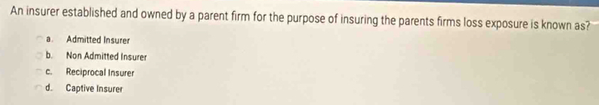 An insurer established and owned by a parent firm for the purpose of insuring the parents firms loss exposure is known as?
a. Admitted Insurer
b. Non Admitted Insurer
c. Reciprocal Insurer
d. Captive Insurer