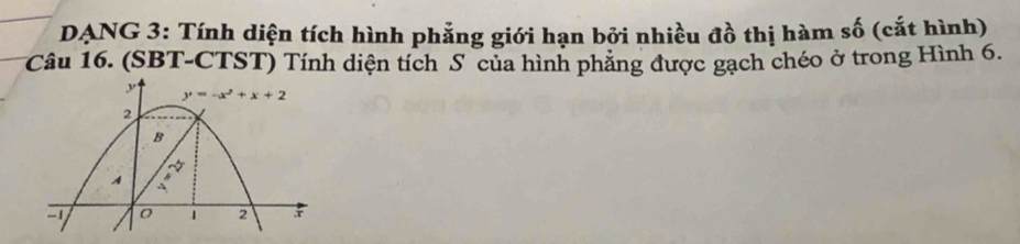 DANG 3: Tính diện tích hình phẳng giới hạn bởi nhiều đồ thị hàm số (cắt hình)
Câu 16. (SBT-CTST) Tính diện tích S của hình phẳng được gạch chéo ở trong Hình 6.