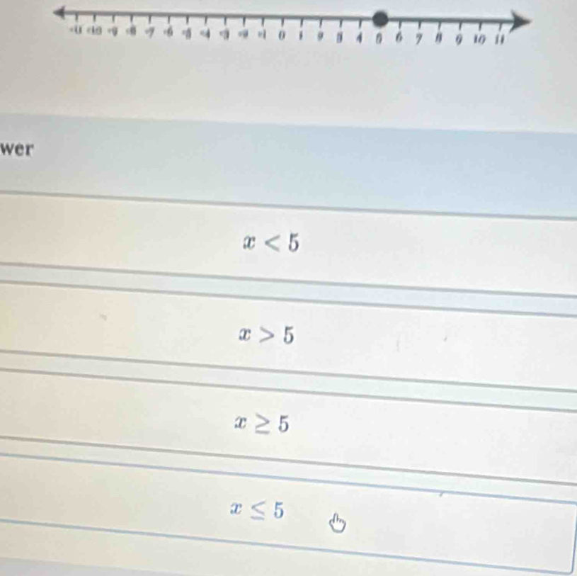 wer
x<5</tex>
x>5
x≥ 5
x≤ 5