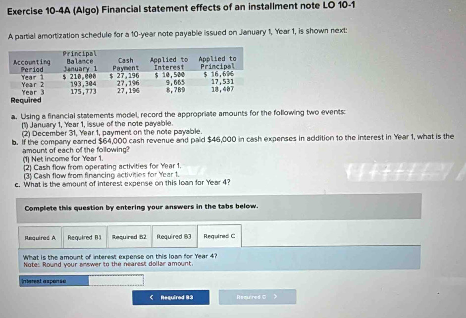 Exercise 10-4A (Algo) Financial statement effects of an installment note LO 10-1 
A partial amortization schedule for a 10-year note payable issued on January 1, Year 1, is shown next: 
a. Using a financial statements model, record the appropriate amounts for the following two events: 
(1) January 1, Year 1, issue of the note payable. 
(2) December 31, Year 1, payment on the note payable. 
b. If the company earned $64,000 cash revenue and paid $46,000 in cash expenses in addition to the interest in Year 1, what is the 
amount of each of the following? 
(1) Net income for Year 1. 
(2) Cash flow from operating activities for Year 1. 
(3) Cash flow from financing activities for Year 1. 
c. What is the amount of interest expense on this loan for Year 4? 
Complete this question by entering your answers in the tabs below. 
Required A Required B1 Required B2 Required B3 Required C 
What is the amount of interest expense on this loan for Year 4? 
Note: Round your answer to the nearest dollar amount. 
Interest expense 
Required B3 Required C