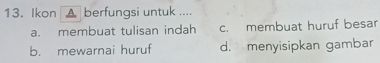 Ikon A berfungsi untuk ....
a. membuat tulisan indah c. membuat huruf besar
b. mewarnai huruf d. menyisipkan gambar