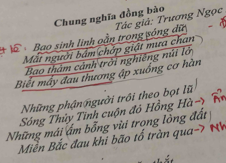 Chung nghĩa đồng bào 
Tác giả: Trương Ngọc 
Bao sinh linh oằn trong sóng dữ 
Mắt người bâm chớp giật mưa chan 
Bao thảm cảnh trời nghiêng núi lở 
Biết mấy đau thương ập xuống cơ hàn 
Những phậnngười trồi theo bọt lũ 
Sóng Thủy Tinh cuộn đỏ Hồng Hà 
Những mái ấm bỗng vùi trọng lòng đất 
Miền Bắc đau khi bão tố tràn qua -7