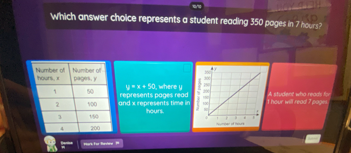 Which answer choice represents a student reading 350 pages in 7 hours?

y=x+50 , where y
represents pages read A student who reads for 
and x represents time in 1 hour will read 7 pages.
hours. 

Denise Mark For Review