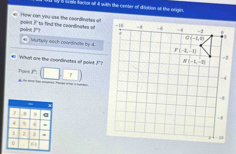 U11 by a scale factor of 4 with the center of dilation at the origin.
How can you use the coordinates of
point F to find the coordinates of 
point F'?
Multiply each coordinate by 4.
What are the coordinates of point F'?
Point F':
?
An error has occurred. Please enter a number.