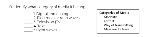 Identify what category of media it belongs. 
_1. Digital and analog Categories of Media 
_2. Electronic or ratio waves Modality 
_3. Television (TV) Format 
_4. Text Way of transmitting 
_5 Light waves Mass media form