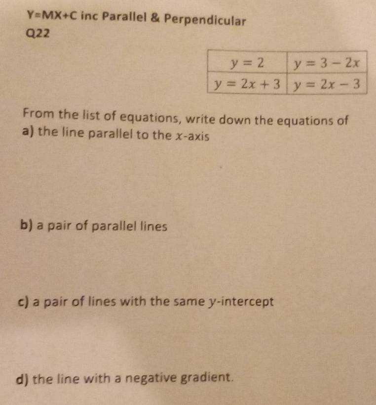 Y=MX+C inc Parallel & Perpendicular
Q22
From the list of equations, write down the equations of
a) the line parallel to the x-axis
b) a pair of parallel lines
c) a pair of lines with the same y-intercept
d) the line with a negative gradient.