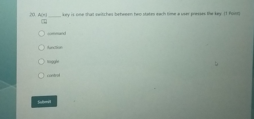 A(n) _key is one that switches between two states each time a user presses the key. (1 Point)
command
function
toggle
control
Submit
