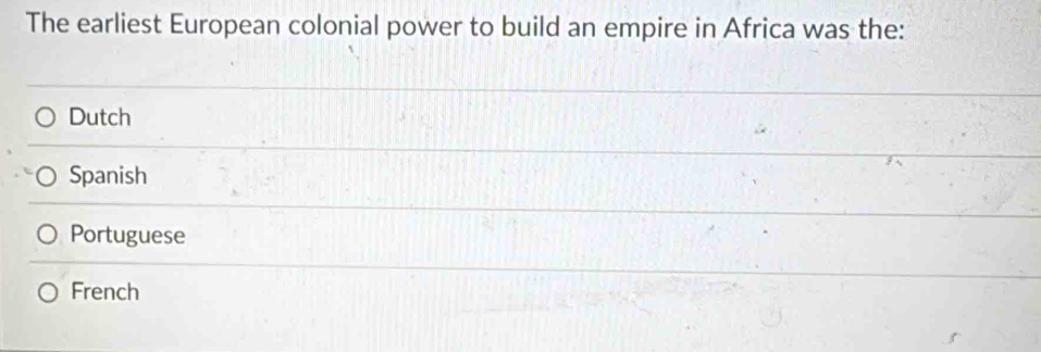 The earliest European colonial power to build an empire in Africa was the:
Dutch
Spanish
Portuguese
French