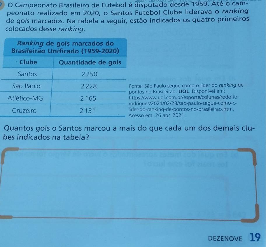 Campeonato Brasileiro de Futebol é disputado desde 1959. Até o cam- 
peonato realizado em 2020, o Santos Futebol Clube liderava o ranking 
de gols marcados. Na tabela a seguir, estão indicados os quatro primeiros 
colocados desse ranking. 
São Paulo segue como o líder do ranking de 
no Brasileirão. UOL. Disponível em: 
www.uol.com.br/esporte/colunas/rodolfo- 
es/2021/02/28/sao-paulo-segue-como-o- 
-ranking-de-pontos-no-brasileirao.htm. 
em: 26 abr. 2021. 
Quantos gols o Santos marcou a mais do que cada um dos demais clu- 
bes indicados na tabela? 
DEZENOVE 19