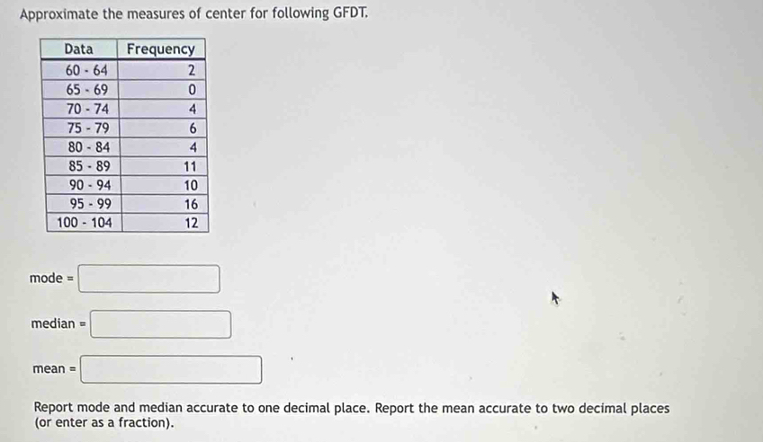 Approximate the measures of center for following GFDT.
mode=□
median=□
mean=□
Report mode and median accurate to one decimal place. Report the mean accurate to two decimal places 
(or enter as a fraction).