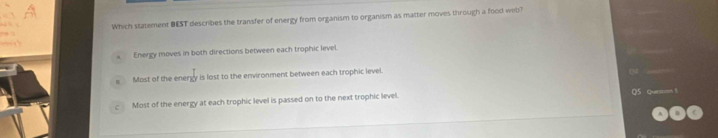 Which statement BEST describes the transfer of energy from organism to organism as matter moves through a food web?
Energy moves in both directions between each trophic level.
Most of the energy is lost to the environment between each trophic level.
Question
Most of the energy at each trophic level is passed on to the next trophic level.