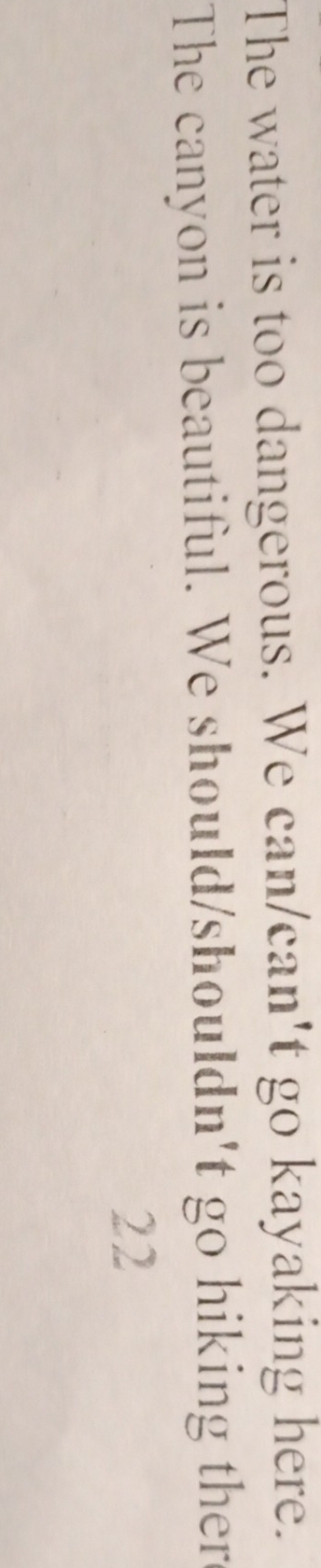 The water is too dangerous. We can/can't go kayaking here. 
The canyon is beautiful. We should/shouldn't go hiking ther 
22