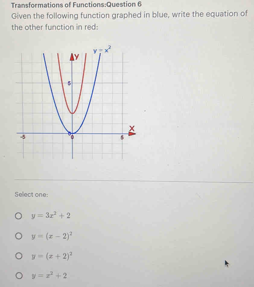 Transformations of Functions:Question 6
Given the following function graphed in blue, write the equation of
the other function in red:
Select one:
y=3x^2+2
y=(x-2)^2
y=(x+2)^2
y=x^2+2