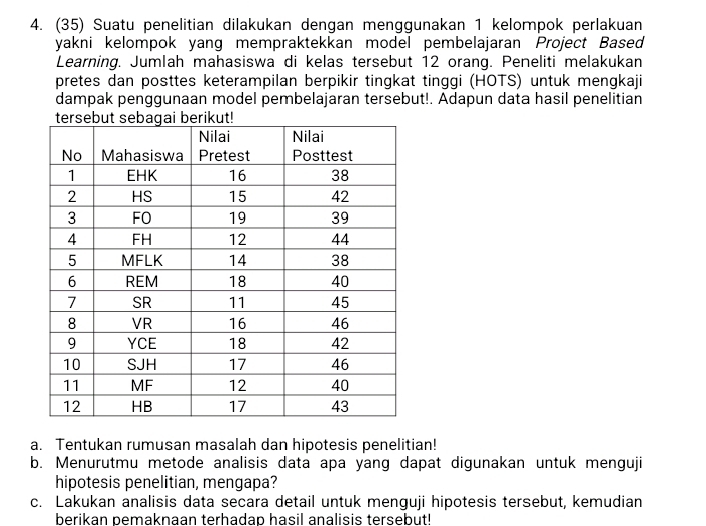 (35) Suatu penelitian dilakukan dengan menggunakan 1 kelompok perlakuan 
yakni kelompok yang mempraktekkan model pembelajaran Project Based 
Learning. Jumlah mahasiswa di kelas tersebut 12 orang. Peneliti melakukan 
pretes dan posttes keterampilan berpikir tingkat tinggi (HOTS) untuk mengkaji 
dampak penggunaan model pembelajaran tersebut!. Adapun data hasil penelitian 
a. Tentukan rumusan masalah dan hipotesis penelitian! 
b. Menurutmu metode analisis data apa yang dapat digunakan untuk menguji 
hipotesis penelitian, mengapa? 
c. Lakukan analisis data secara detail untuk menguji hipotesis tersebut, kemudian 
berikan pemaknaan terhadap hasil analisis tersebut!