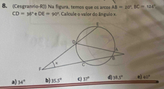 (Cesgranrio-R)) Na figura, temos que os arcos AB=20°, BC=124°
CD=36° e DE=90°. Calcule o valor do ângulo x.
a) 34° b) 35.5° C) 37° d) 38.5° e) 40°