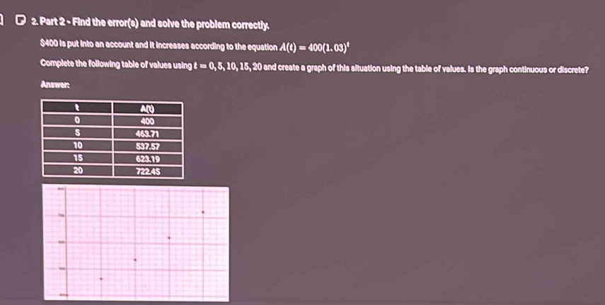 ₹ 2. Part 2 - Find the error(s) and solve the problem correctly.
$400 is put into an account and it increases according to the equation A(t)=400(1.03)^t
Complete the following table of values using t=0,5,10,15,20 and create a graph of this situation using the table of values. Is the graph continuous or discrete?
Answer:
ho
-