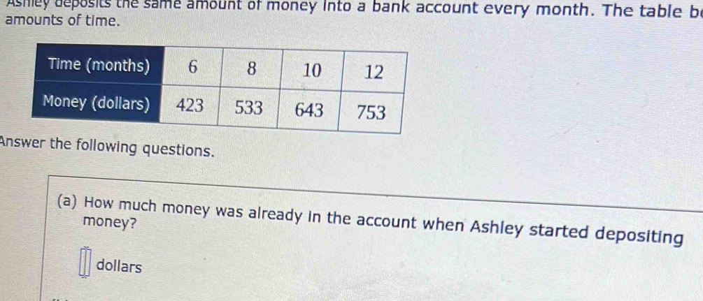 Ashey deposits the same amount of money into a bank account every month. The table be 
amounts of time. 
Answer the following questions. 
(a) How much money was already in the account when Ashley started depositing 
money?
dollars