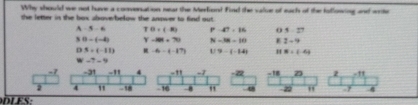 Why should we not huve a conenation near the Merliond Find the valve of each of the following and wrde
the letter in the box aboverbelow the anower to find out.
1-3-6 T 0+(-8) P 47/ 16 。 4-27
N 0-(-4) -88+70 N -88=10 F 2-4
3=(-11) -6-(-17) U 9-(-14) H W=(-4)
-7-9. -31 -' 4 -” -7 - 18 23 z -11
2 4 "
LeS - 18 - 16 " 22 " . 4