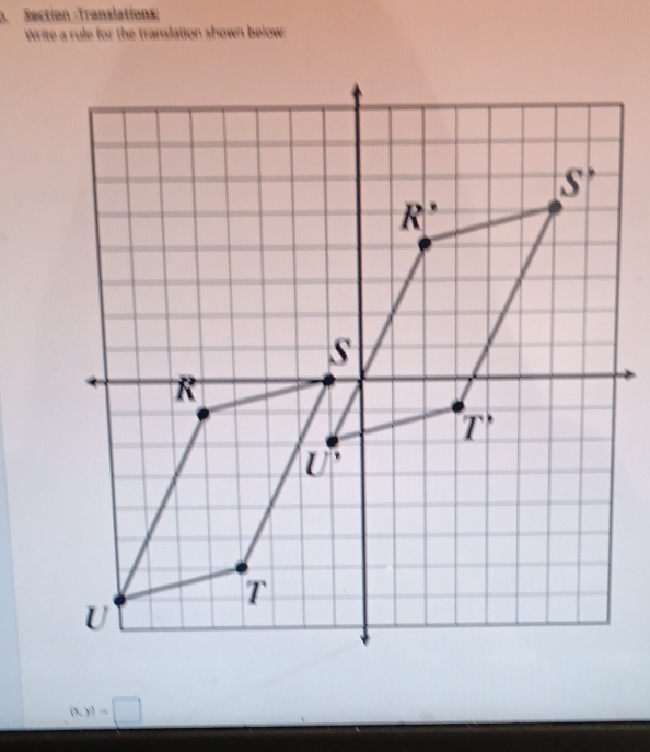 Section :Translations:
Write a rule for the translation shown below:
(x,x)=□ _ :_ 